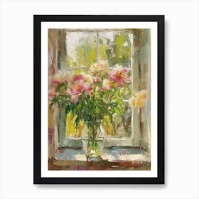 Peony Flowers On A Cottage Window 2 Art Print