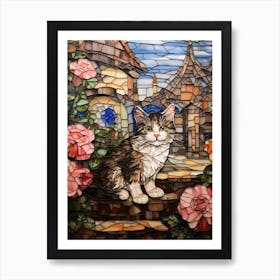 Mosaic Of A Cat & Pink Flowers In Front Of A Medieval Village Art Print