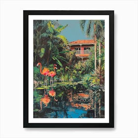 Retro Flamingoes In A Garden 6 Art Print