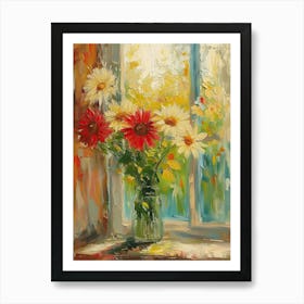 Gerbera Daisy Flowers On A Cottage Window 1 Art Print