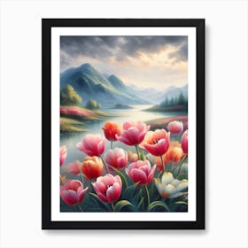 Tulips By The Lake 1 Art Print