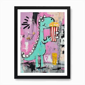 Dinosaur Eating Popcorn Purple Graffiti Style 1 Art Print