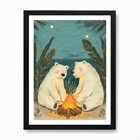 Polar Bear Two Bears Sitting Together By A Campfire Storybook Illustration 3 Art Print