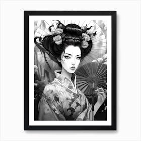 Geisha Black And White Anime Style  4 Art Print