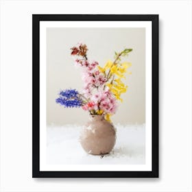 Blue, Pink And Yellow Flowers In A Vase Art Print