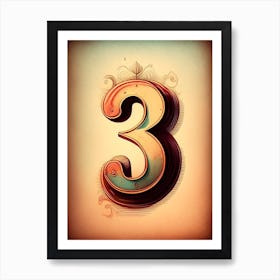 3, Number, Education Retro Drawing 1 Art Print