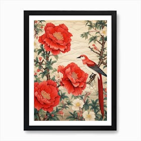 Red Camellia And Bird Vintage Japanese Botanical Art Print