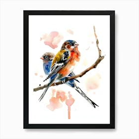 Watercolor Birds Sitting On A Branch Art Print