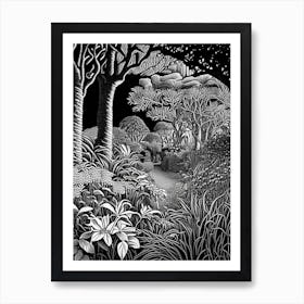 Tresco Abbey Gardens, United Kingdom Linocut Black And White Vintage Art Print