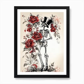Floral Skeleton With Hat Ink Painting (71) Art Print