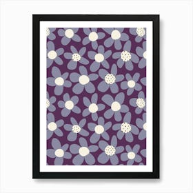 Playful Blooming Flowers Slate Blue On Plum Purple Art Print