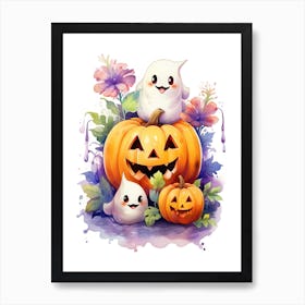 Cute Ghost With Pumpkins Halloween Watercolour 42 Art Print