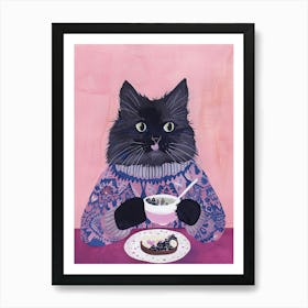 Grey Cat Having Breakfast Folk Illustration 4 Art Print