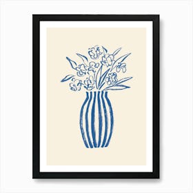 Stripes Flower Vase Floral Still Life Illustration - Blue Art Print