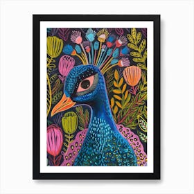 Colourful Folk Inspired Peacock Portrait 3 Art Print