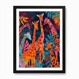 Colourful Blue Leaf Giraffe Herd Art Print