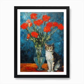 Still Life Of Carnations With A Cat 3 Art Print