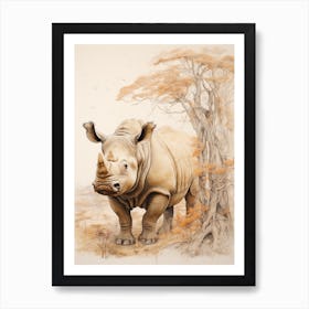 Rhino By The Trees Vintage Illustration 2 Art Print