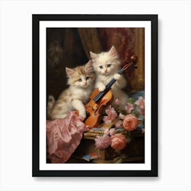 Two Kittens With A Violin Rococo Style Art Print