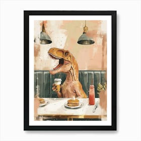 Muted Mustard Dinosaur Eating Breakfast At A Diner Art Print