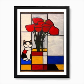 Anemone With A Cat 1 De Stijl Style Mondrian Art Print