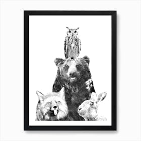 Black and White Cute Woodland Animals Art Print