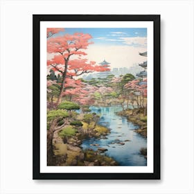 Rikugien Garden In Tokyo, Ukiyo E Drawing 1 Art Print