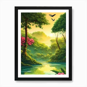 Forest Landscape With Birds And Flowers Art Print