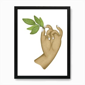 Delicate goddess hand holding green leaves Art Print
