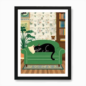 Black Cat On A Green Couch Art Print