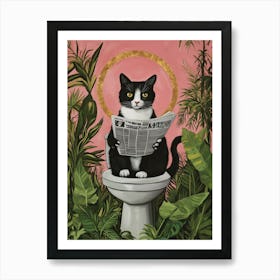 A Black And White Cat Sitting On The Open Toilet Seat Reading A Newspaper Surrounded By Lush Green Plants Art Print