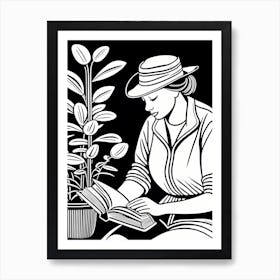 Lino cut Inspired black and white Reading In the Garden Art, Garden Girl Art, Gardening reading, 257 Art Print