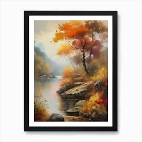 Autumn Lake,Forest Lake, Vintage Oil Painting, Farmhouse Wall Decorations, Antique Landscape, Vintage Landscape Oil Painting.1 6 Art Print