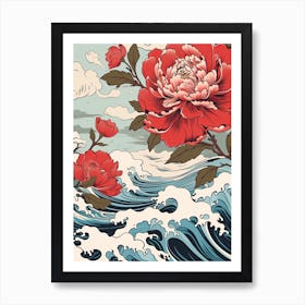 Great Wave With Peony Flower Drawing In The Style Of Ukiyo E 1 Art Print