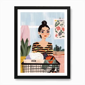 Illustration Of A Woman In A Laundry Basket Art Print