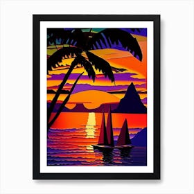 Palm Tree Boat Sunset Art Print