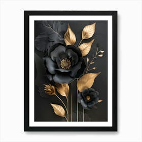 Black And Gold Flowers On Black Background Art Print