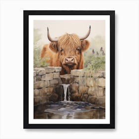 Highland Cow Drinking From Brickwork Trough 2 Art Print