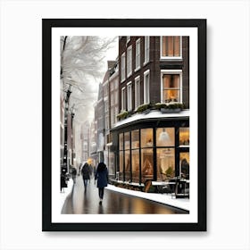 Amsterdam cafes, winter season, Christmas, autumn oil colors, pale colors, pedestrians in the street, winter clothes, falling snow.6 1 Póster