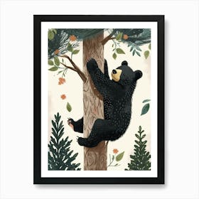 American Black Bear Cub Climbing A Tree Storybook Illustration 1 Art Print