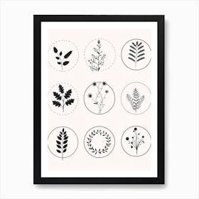 Collection Of Plants In Black And White Line Art 3 Art Print