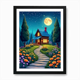 A Beautiful Wooden House Moon Night Landscape V 01 Art Print