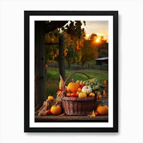 An Inviting Rustic Farm With Vegetables Like Corn Pumpkins Squash Elegantly Arranged In A Wooden B (4) Art Print