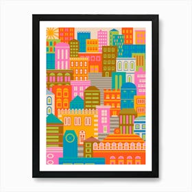 CITY LIGHTS BY DAY Vintage Travel Poster Portrait Layout with Geometric Architecture Buildings in Bright Rainbow Colours Orange Yellow Pink Green Blue Brown Cream on Cream Art Print