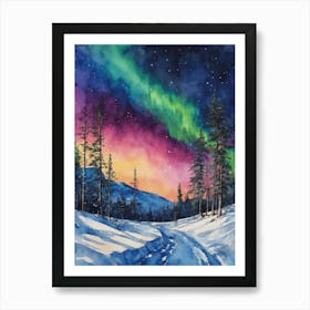 The Northern Lights - Aurora Borealis Rainbow Winter Snow Scene of Lapland Iceland Finland Norway Sweden Forest Lake Watercolor Beautiful Celestial Artwork for Home Gallery Wall Magical Etheral Dreamy Traditional Christmas Greeting Card Painting of Heavenly Fairylights 14 Art Print