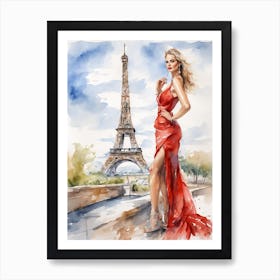 Beautiful Woman In Red Dress In Paris Art Print