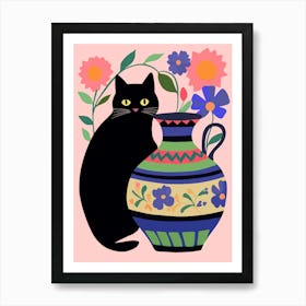 Black Cat With Flowers In A Vase Art Print