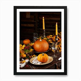 Autumnal Thanksgiving Table Setting Centering An Organic Pumpkin Surrounded By A Bounty Of Golden (3) Art Print