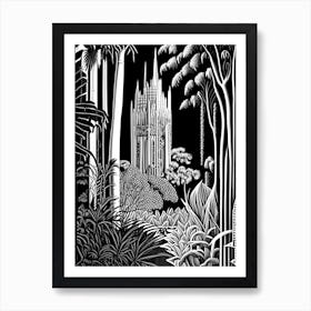 Bok Tower Gardens, Usa Linocut Black And White Vintage Art Print