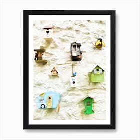 Bird Boxes On Whitewashed Wall Art Print